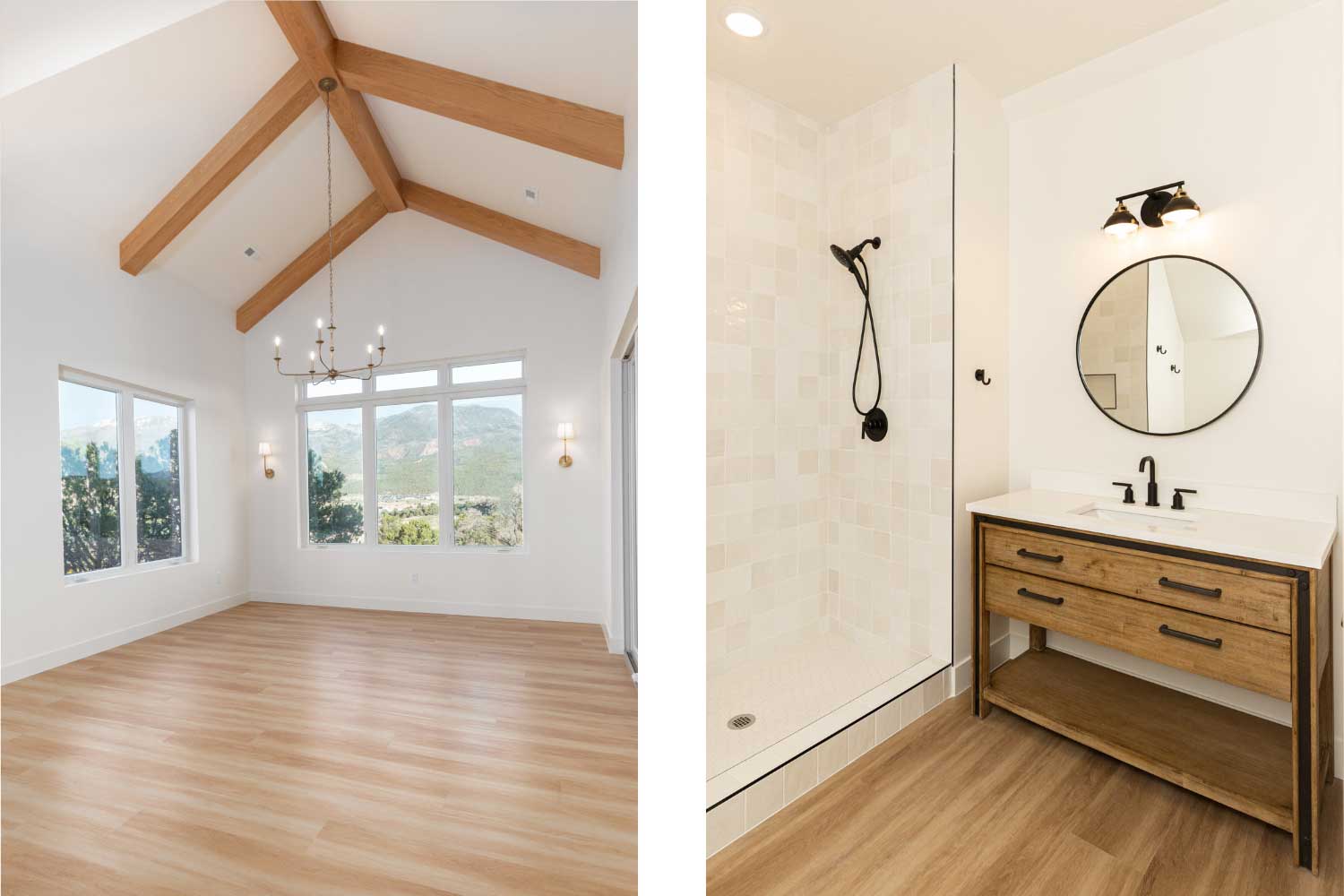 Elegant wood beams on the ceiling and hardwood floors