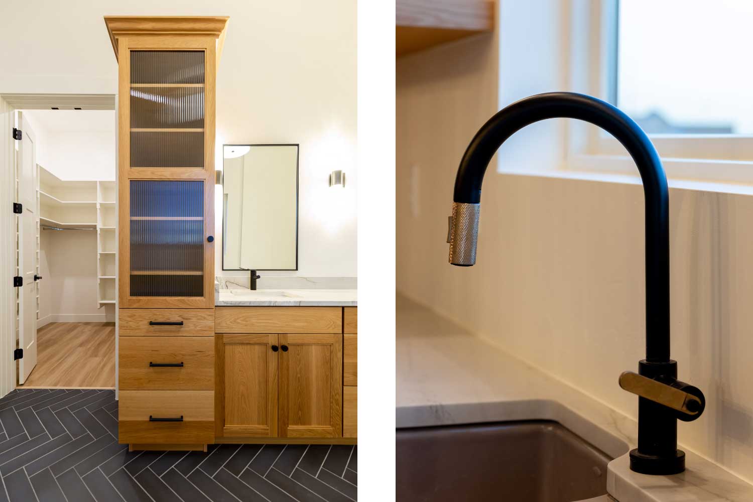 Primary bathroom closet, black tile flooring, and black faucets