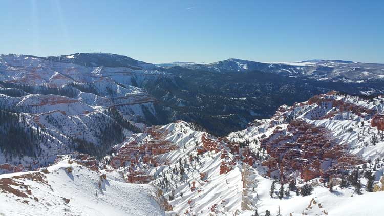 Aerial view of snow covered red rocks at Brian Head, Utah 
