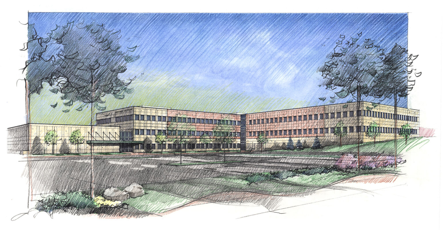 Architectural sketch of a multi‑story office building with large windows, landscaped grounds, and a central entry plaza, drawn with colored pencil shading.