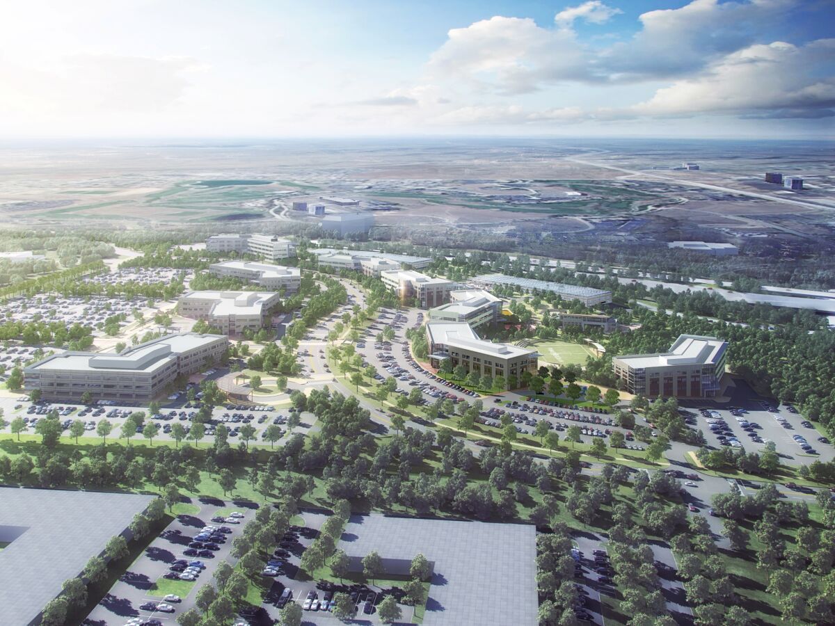 Master plan of a Prime Meridian landscaped commercial campus with multiple modern buildings, curved roads, and surrounding parking areas.