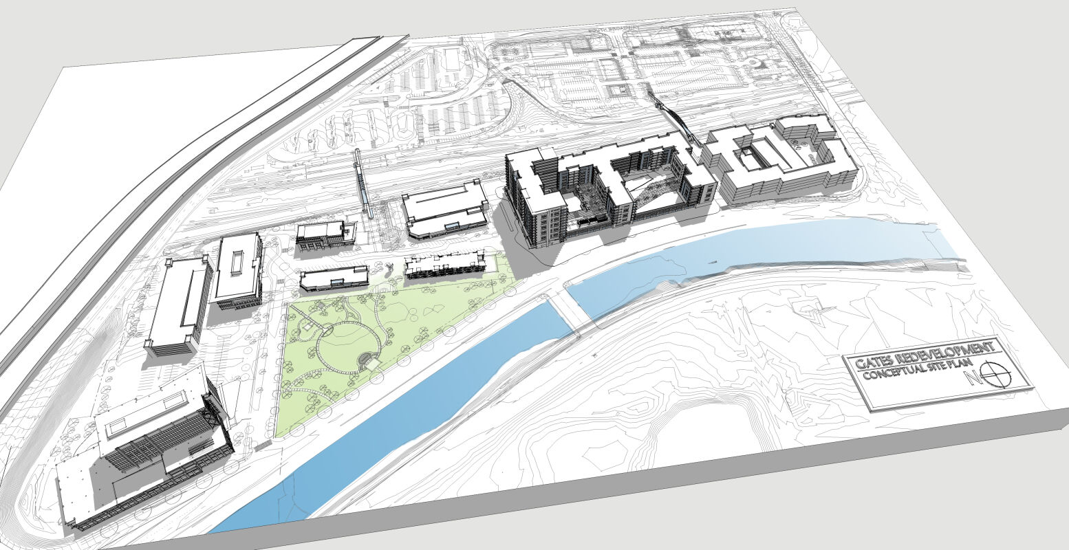 Site plan rendering showing an aerial perspective of the Gates Redevelopment Master Plan, including multiple building footprints, a river corridor, a bridge, roadways, parking areas, and a large landscaped park.