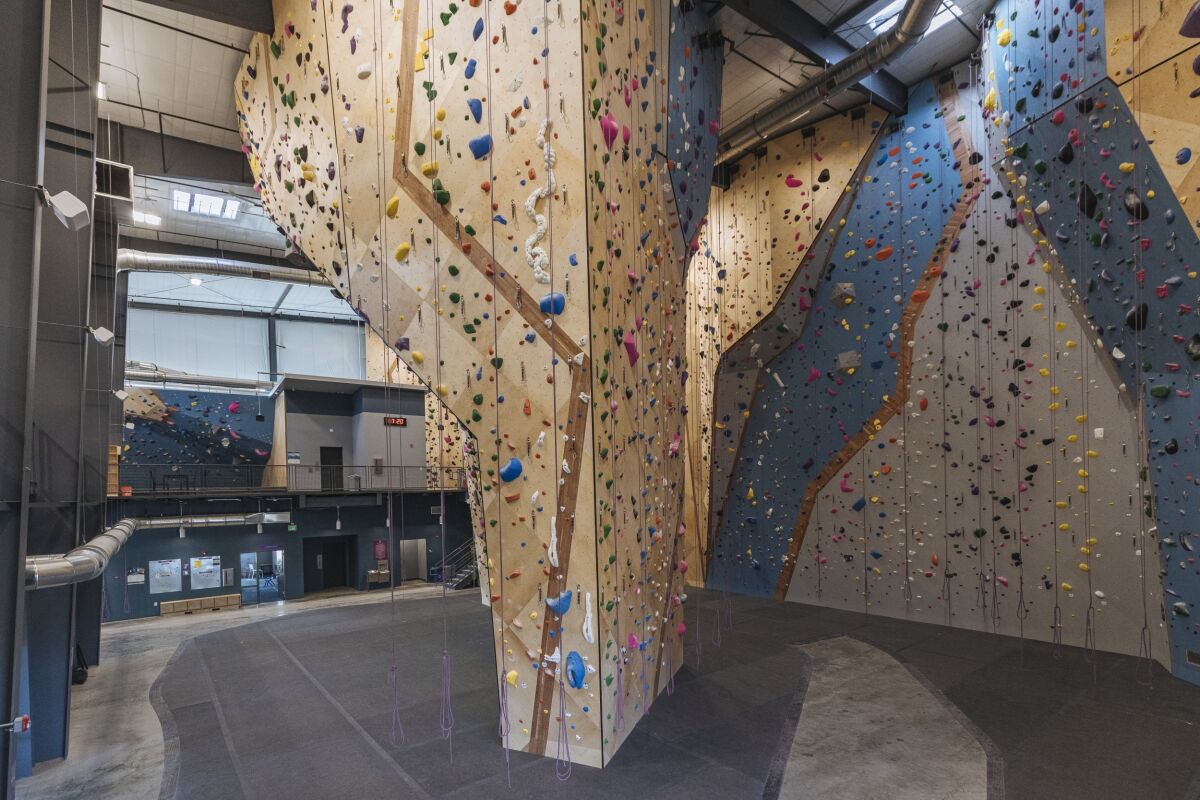 Indoor rope‑climbing area with tall textured walls, multicolored holds, and central support volumes inside a large climbing gym.