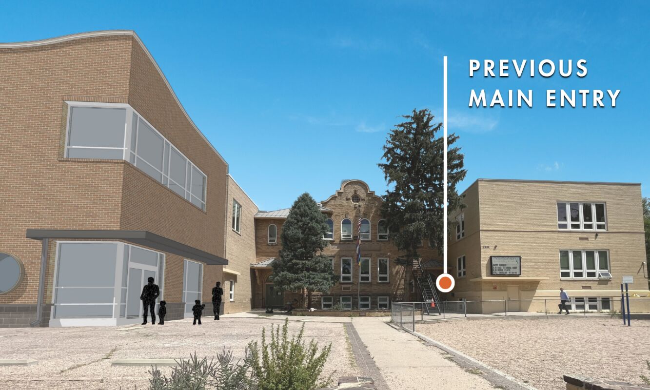 Exterior illustration showing the renovated school building with brick façades, updated window systems, a new entry canopy, and a diagram marking the location of the previous main entrance.