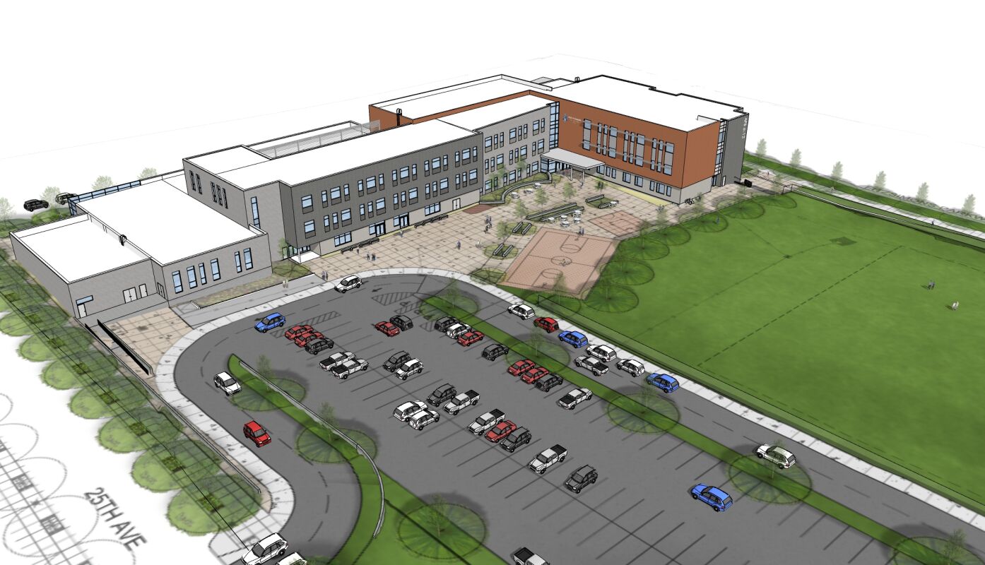 Architectural rendering of Aurora Science & Technology School showing connected multi‑story building wings, a parking lot with marked stalls, central courtyard with outdoor seating, and an adjacent athletic field.