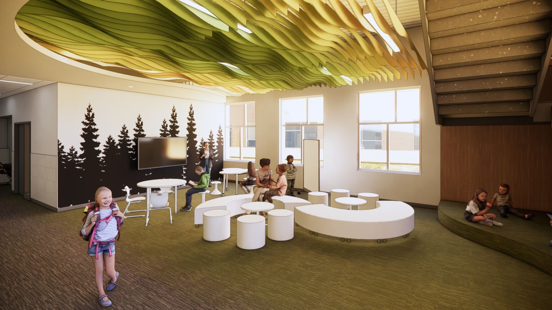 Team center with green sculptural ceiling panels, curved white seating elements, tree‑silhouette wall graphic, carpet flooring, and large windows providing natural light.