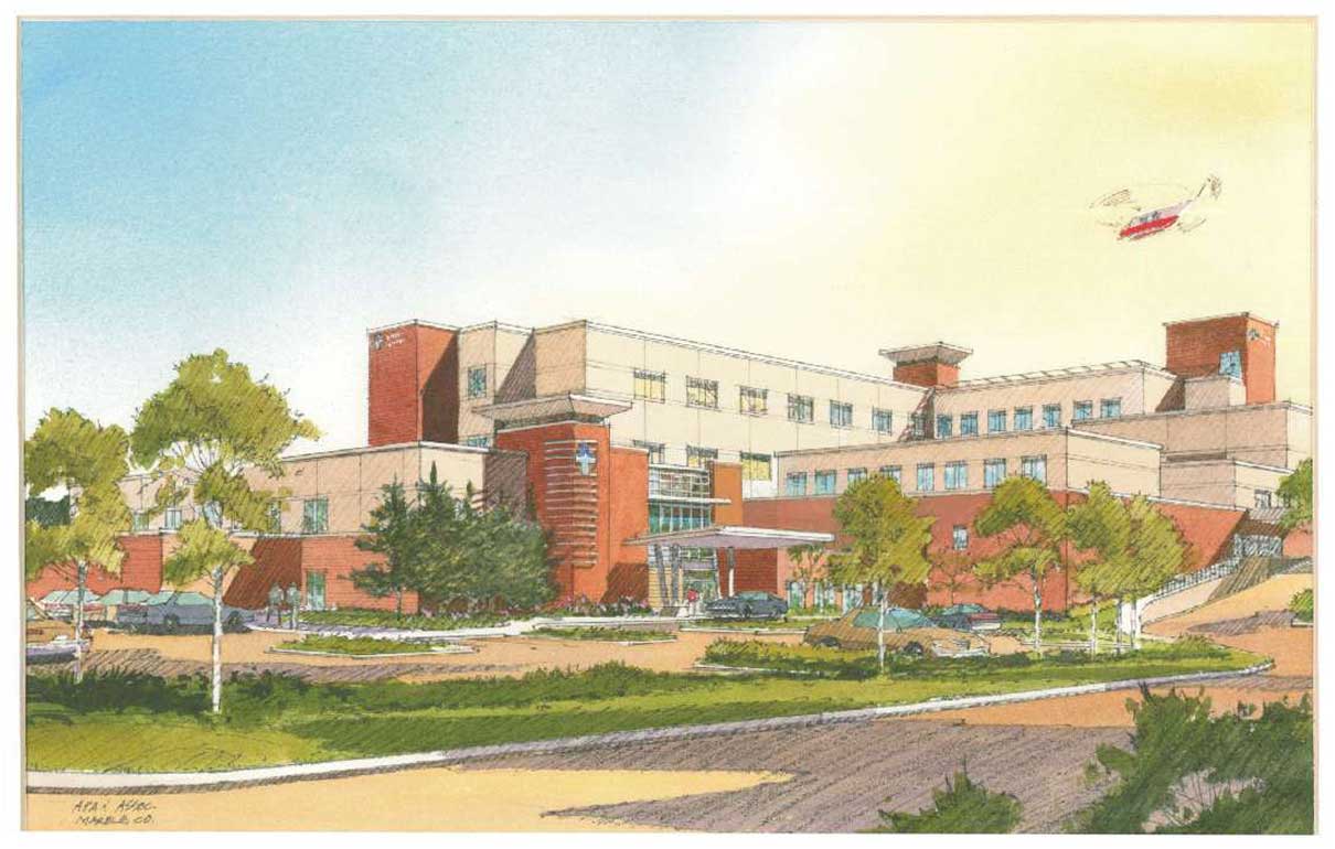 Watercolor rendering of St. Mary-Corwin hospital