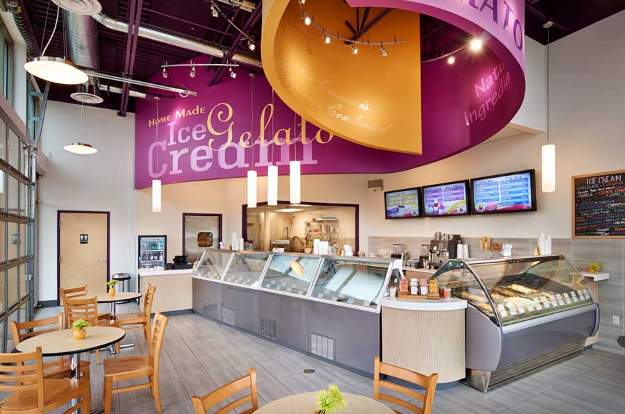 Refrigerated ice cream displays, cashier counter and tables.