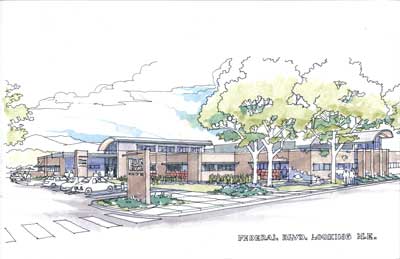 Water color rendering of the building exterior, along with landscaping and parking.
