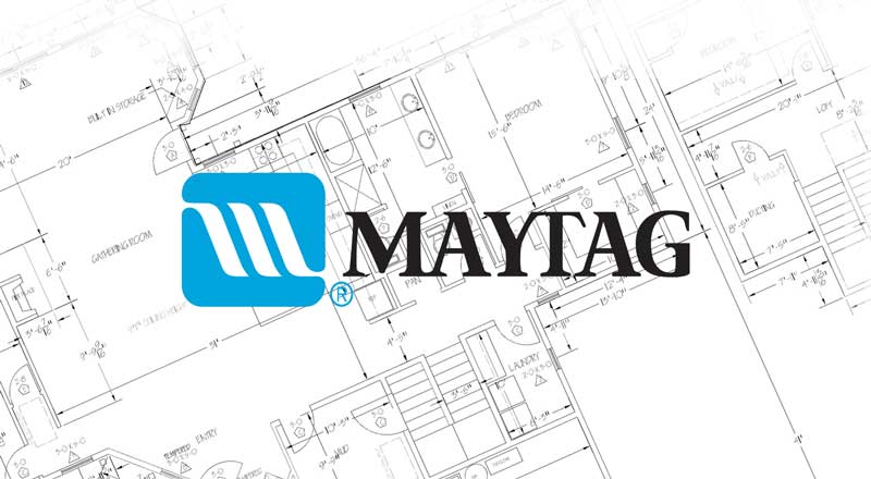Maytag logo on top of a blueprint schematic